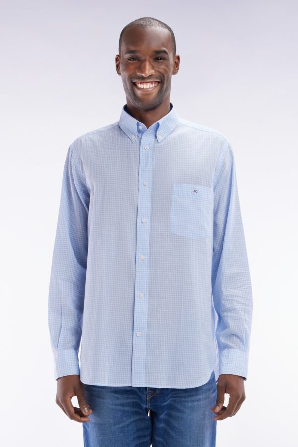 Chemise En Popeline De Coton À Microcarreaux Vichy Ciel Coupe Droite Eden Park
