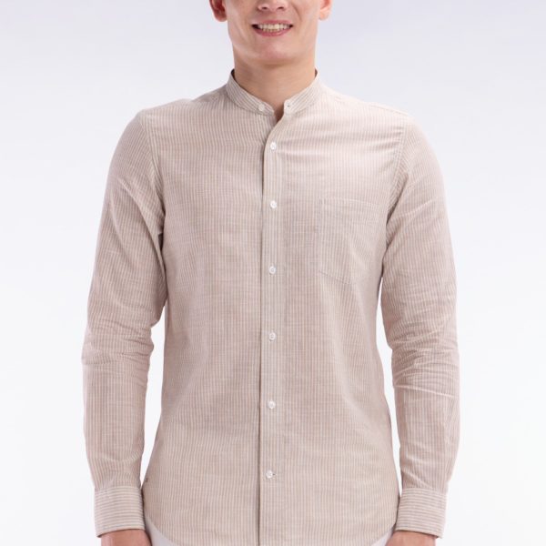 Chemise En Coton Et Lin Rayée Beige À Col Mao Coupe Ajustée Eden Park