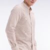 Chemise En Coton Et Lin Rayée Beige À Col Mao Coupe Ajustée Eden Park - Image 2