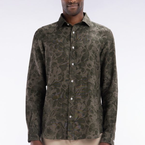 Chemise Imprimée En Lin Kaki Coupe Ajustée Eden Park