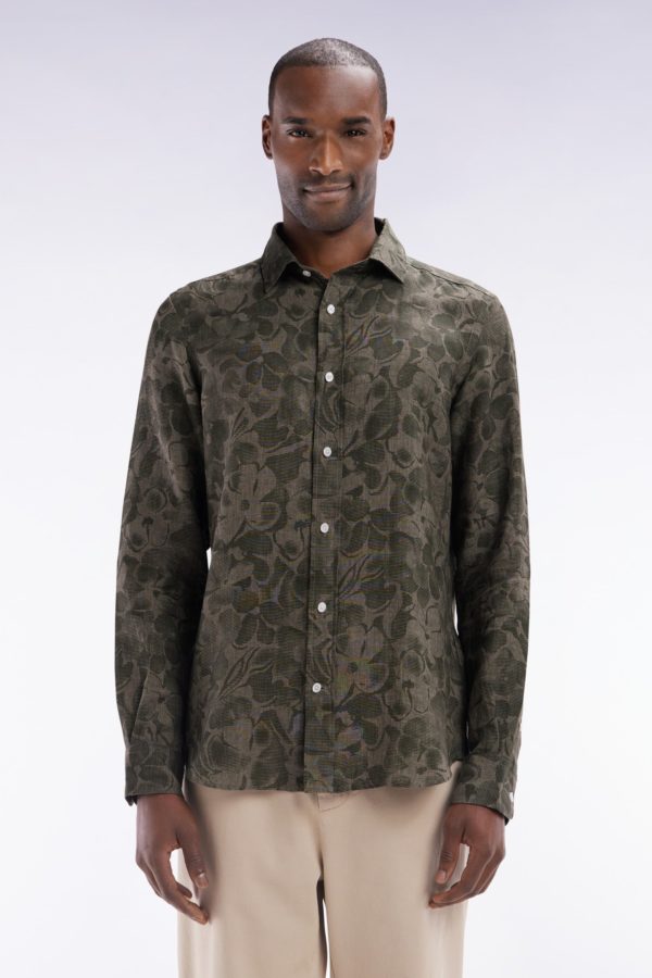 Chemise Imprimée En Lin Kaki Coupe Ajustée Eden Park