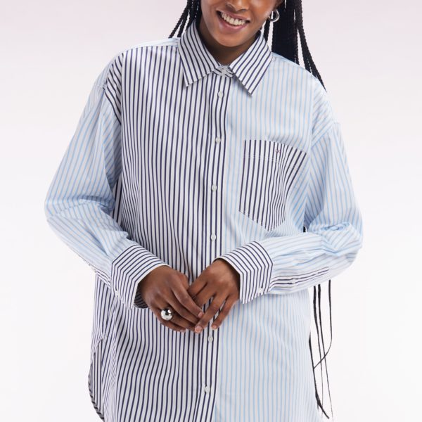 Chemise À Patchwork De Rayures En Coton Bleu Coupe Oversized Eden Park