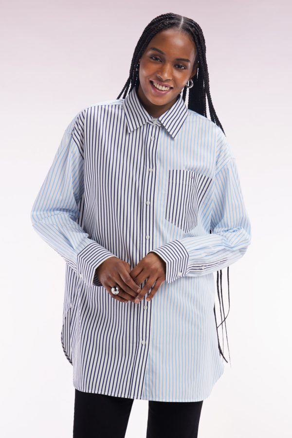 Chemise À Patchwork De Rayures En Coton Bleu Coupe Oversized Eden Park