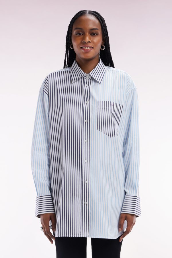 Chemise À Patchwork De Rayures En Coton Bleu Coupe Oversized Eden Park – Image 2