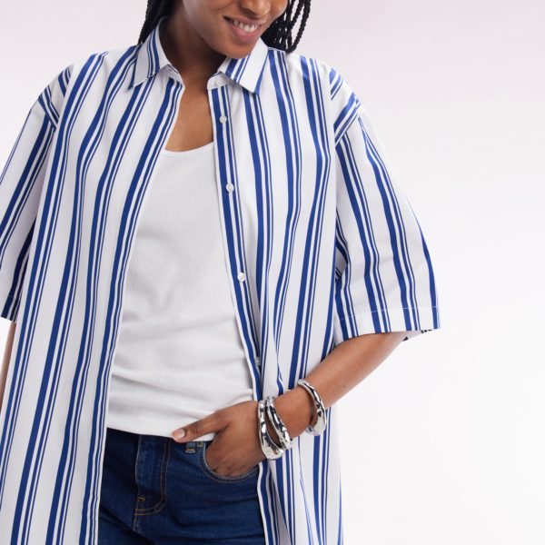 Chemise À Manches Courtes Rayée En Coton Marine Et Blanche Coupe Oversized Eden Park