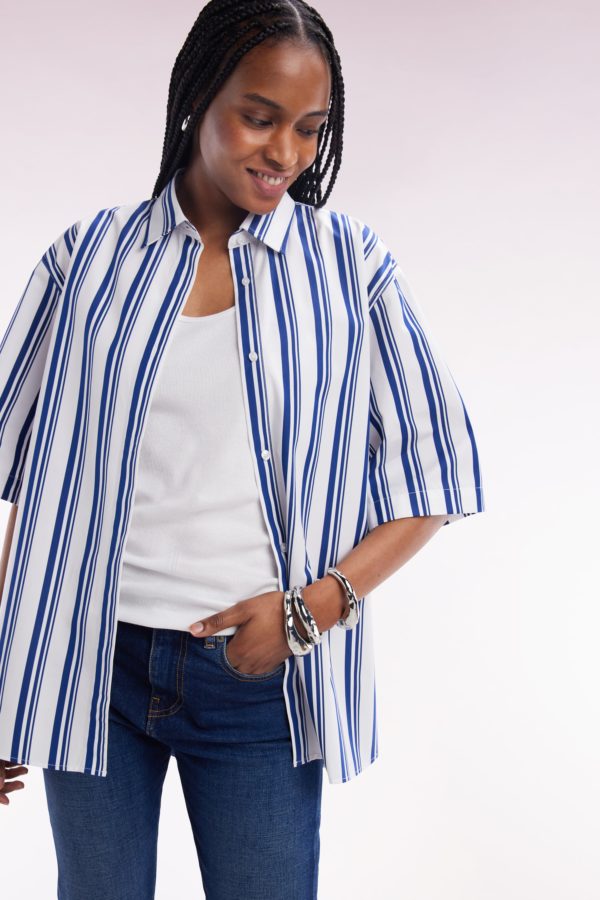 Chemise À Manches Courtes Rayée En Coton Marine Et Blanche Coupe Oversized Eden Park