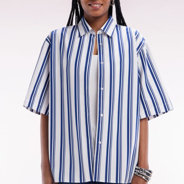Chemise À Manches Courtes Rayée En Coton Marine Et Blanche Coupe Oversized Eden Park