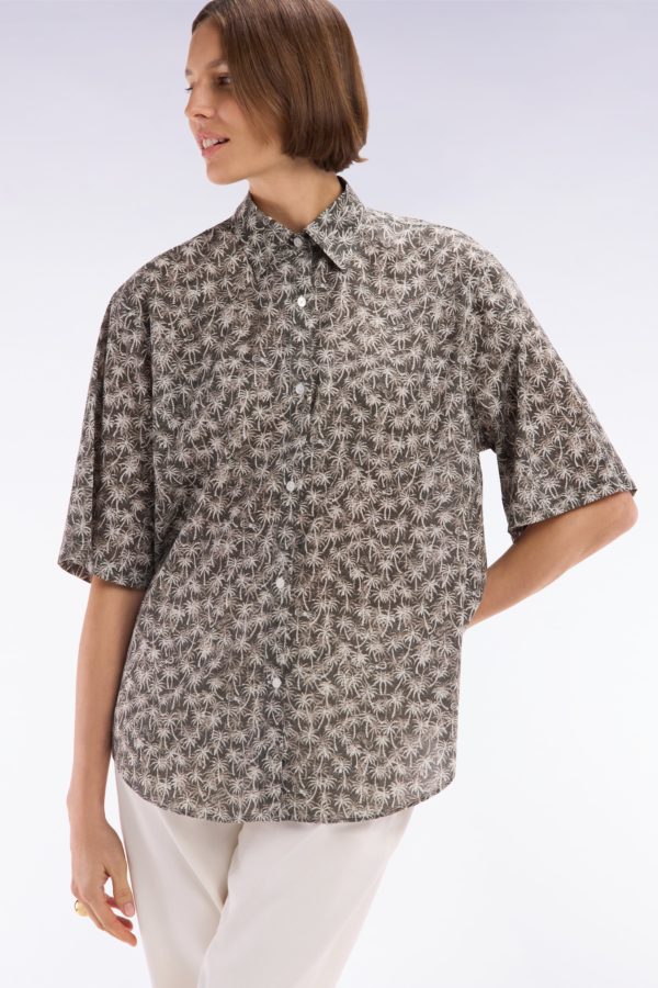 Chemise À Manches Courtes En Coton Kaki Imprimé Palmiers Coupe Oversized Eden Park