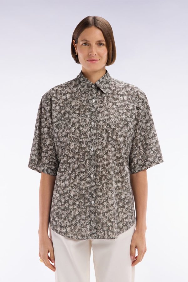 Chemise À Manches Courtes En Coton Kaki Imprimé Palmiers Coupe Oversized Eden Park – Image 2