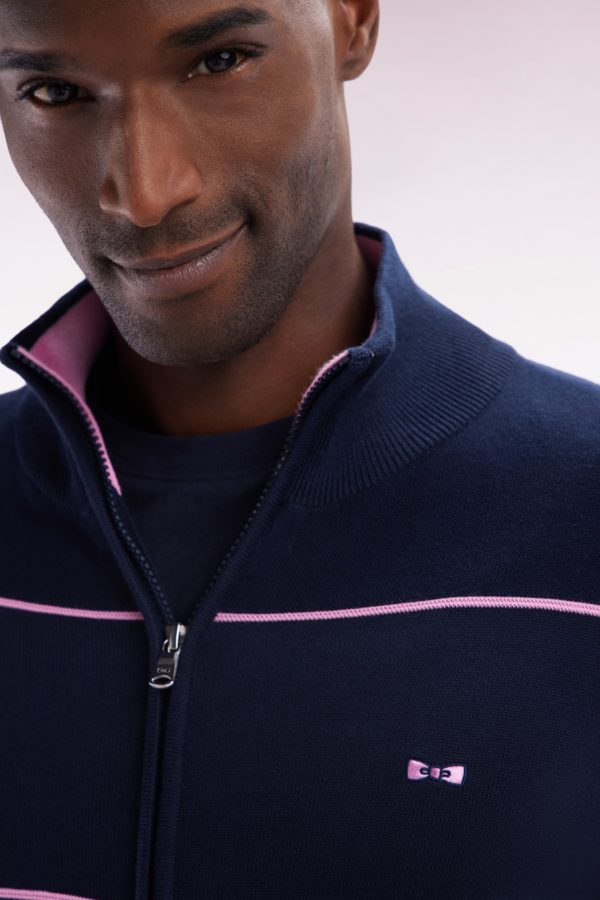 Cardigan Col Camionneur Zippé En Coton Marine À Effet De Passepoils Roses Coupe Droite Eden Park - Image 3