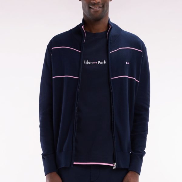 Cardigan Col Camionneur Zippé En Coton Marine À Effet De Passepoils Roses Coupe Droite Eden Park