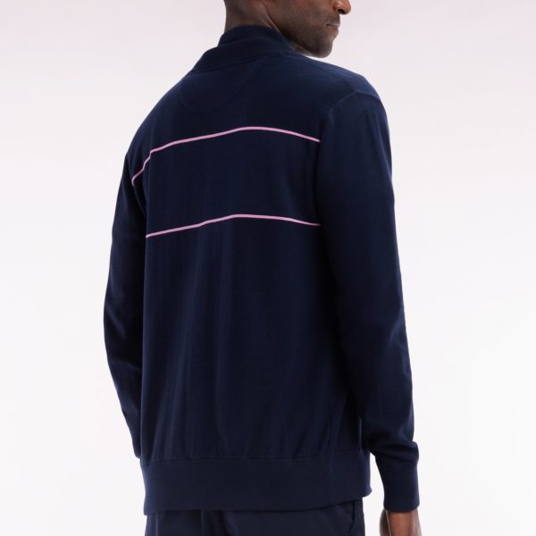 Cardigan Col Camionneur Zippé En Coton Marine À Effet De Passepoils Roses Coupe Droite Eden Park