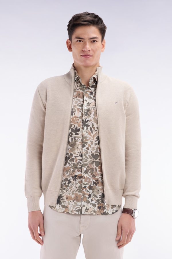 Cardigan Zippé En Coton Nid D'abeille Beige Coupe Droite Eden Park