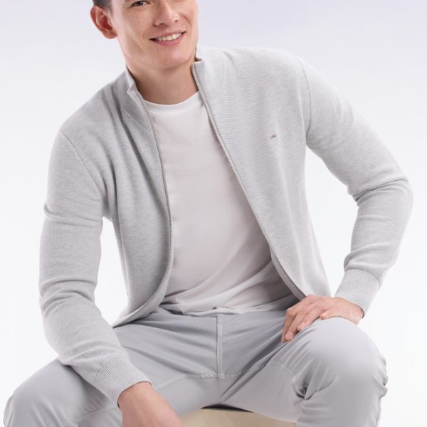 Cardigan Zippé En Coton Nid D’abeille Gris Coupe Droite Eden Park