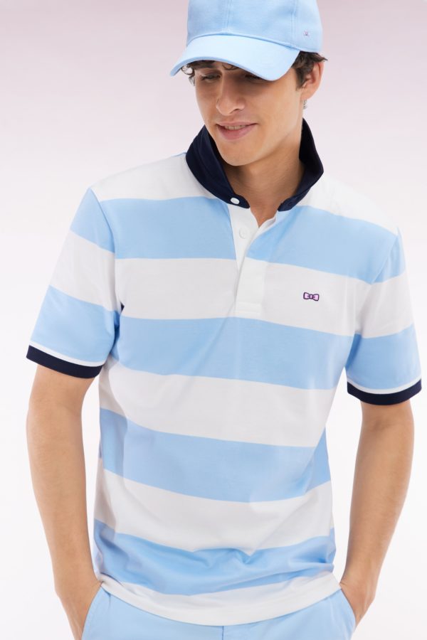 Maillot À Manches Courtes En Coton Pima Cerclé Ciel Et Blanc Coupe Droite Eden Park – Image 2