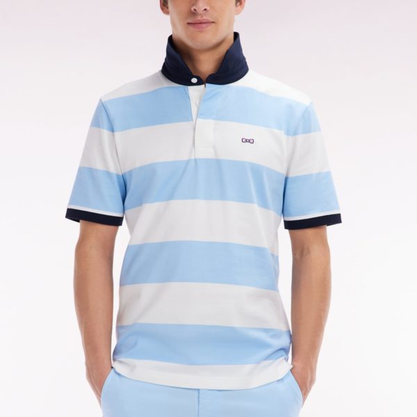 Maillot À Manches Courtes En Coton Pima Cerclé Ciel Et Blanc Coupe Droite Eden Park