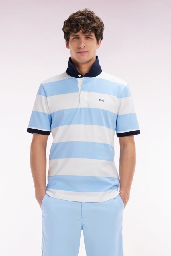 Maillot À Manches Courtes En Coton Pima Cerclé Ciel Et Blanc Coupe Droite Eden Park