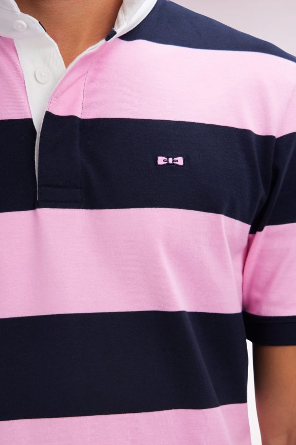 Maillot À Manches Courtes En Coton Pima Cerclé Rose Et Marine Coupe Droite Eden Park – Image 4