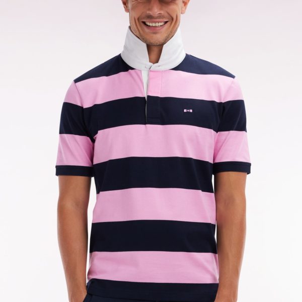 Maillot À Manches Courtes En Coton Pima Cerclé Rose Et Marine Coupe Droite Eden Park