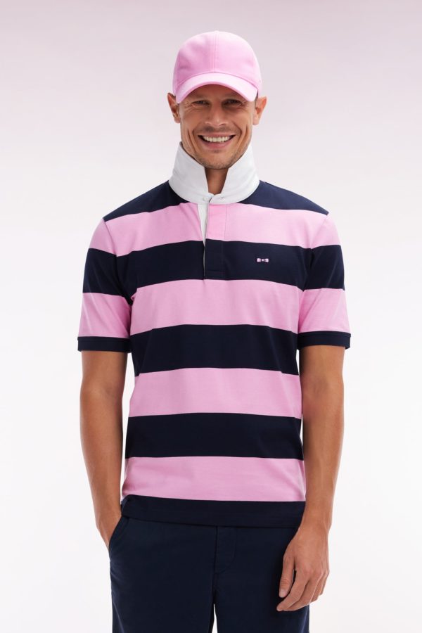 Maillot À Manches Courtes En Coton Pima Cerclé Rose Et Marine Coupe Droite Eden Park