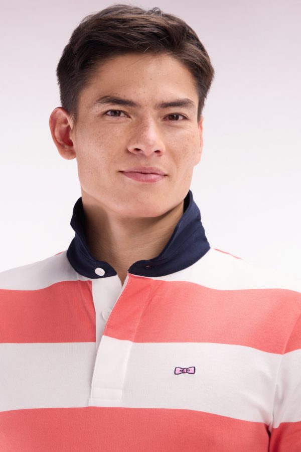 Maillot À Manches Courtes En Coton Pima Cerclé Corail Et Blanc Coupe Droite Eden Park – Image 4