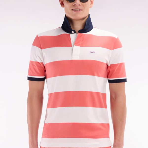 Maillot À Manches Courtes En Coton Pima Cerclé Corail Et Blanc Coupe Droite Eden Park