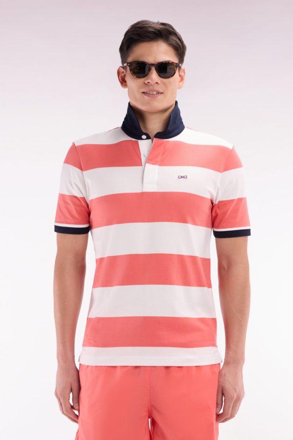 Maillot À Manches Courtes En Coton Pima Cerclé Corail Et Blanc Coupe Droite Eden Park