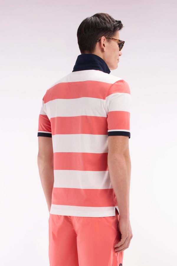 Maillot À Manches Courtes En Coton Pima Cerclé Corail Et Blanc Coupe Droite Eden Park – Image 3