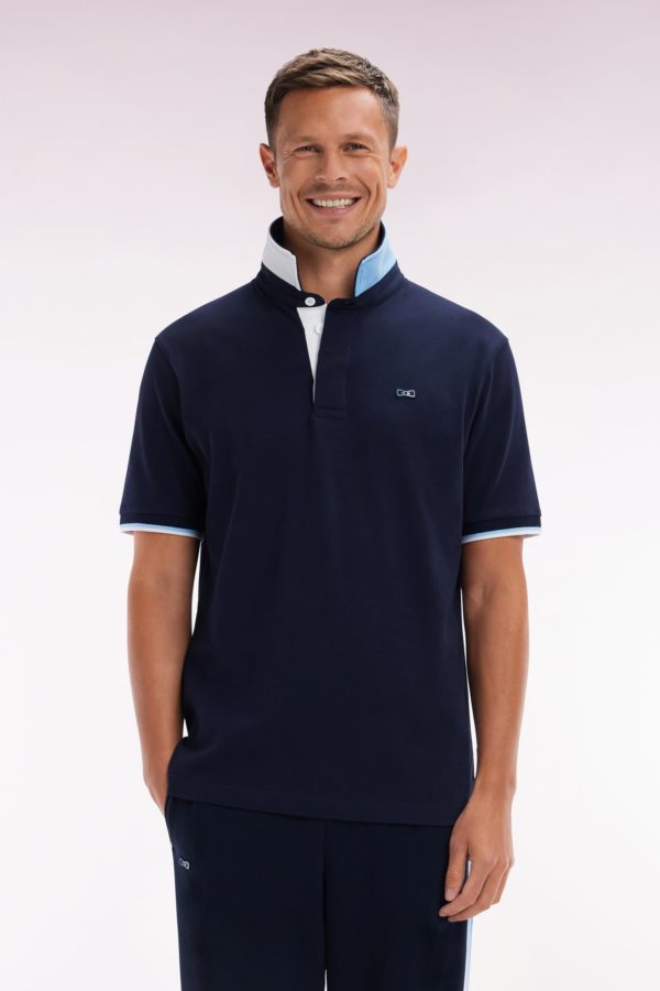 Maillot À Manches Courtes En Coton Marine Col Bicolore Coupe Décontractée Eden Park