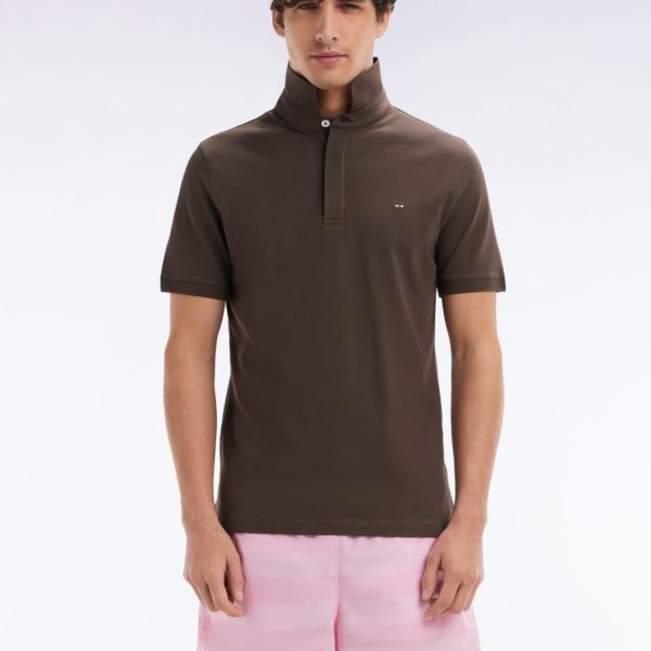 Polo À Manches Courtes En Piqué Coton Stretch Marron Coupe Ajustée Eden Park