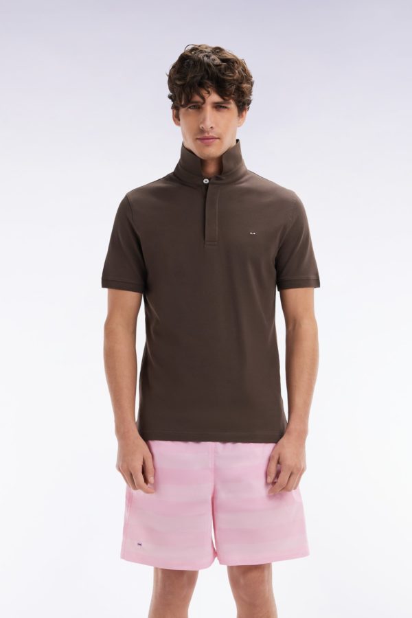 Polo À Manches Courtes En Piqué Coton Stretch Marron Coupe Ajustée Eden Park