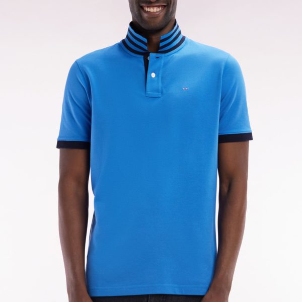 Polo À Manches Courtes En Piqué De Coton Pima Bleu Dessous De Col Cerclé Coupe Droite Eden Park