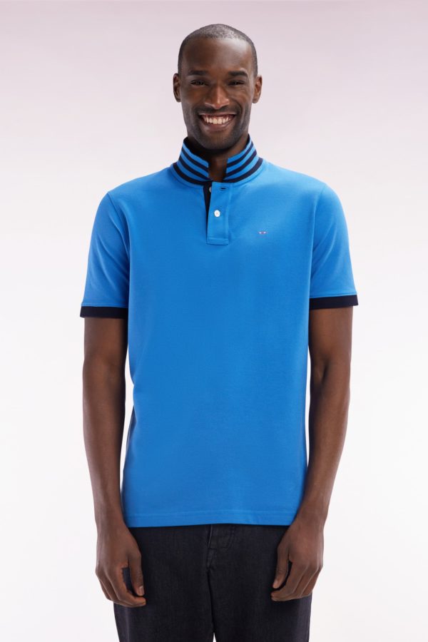 Polo À Manches Courtes En Piqué De Coton Pima Bleu Dessous De Col Cerclé Coupe Droite Eden Park