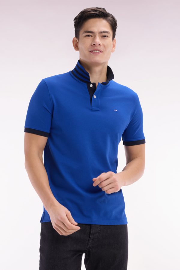 Polo À Manches Courtes En Piqué De Coton Pima Bleu Foncé Dessous De Col Cerclé Coupe Droite Eden Park – Image 2