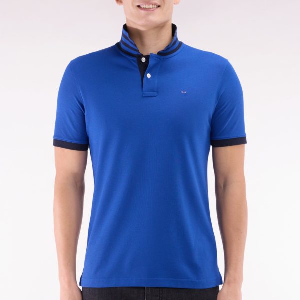 Polo À Manches Courtes En Piqué De Coton Pima Bleu Foncé Dessous De Col Cerclé Coupe Droite Eden Park