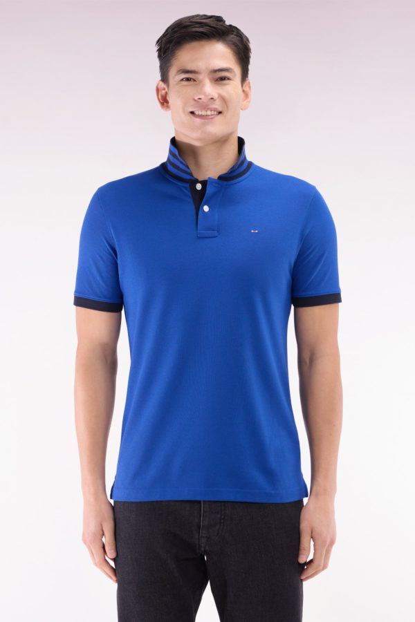Polo À Manches Courtes En Piqué De Coton Pima Bleu Foncé Dessous De Col Cerclé Coupe Droite Eden Park