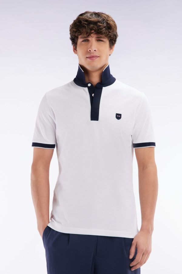 Polo Uni À Manches Courtes En Coton Stretch Blanc Passepoil Contrasté Coupe Ajustée Eden Park