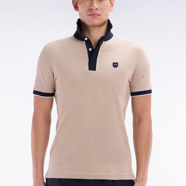 Polo Uni À Manches Courtes En Coton Stretch Beige Passepoil Contrasté Coupe Ajustée Eden Park