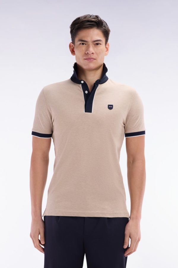 Polo Uni À Manches Courtes En Coton Stretch Beige Passepoil Contrasté Coupe Ajustée Eden Park