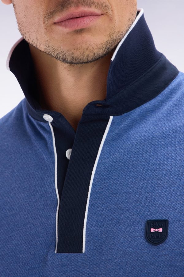 Polo Uni À Manches Courtes En Coton Stretch Bleu Passepoil Contrasté Coupe Ajustée Eden Park – Image 4