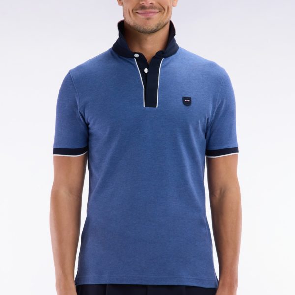 Polo Uni À Manches Courtes En Coton Stretch Bleu Passepoil Contrasté Coupe Ajustée Eden Park