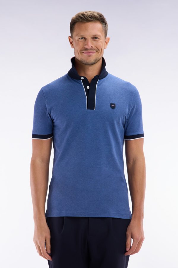Polo Uni À Manches Courtes En Coton Stretch Bleu Passepoil Contrasté Coupe Ajustée Eden Park