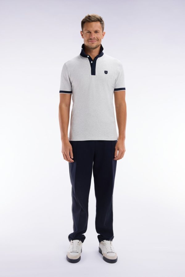 Polo Uni À Manches Courtes En Coton Stretch Gris Passepoil Contrasté Coupe Ajustée Eden Park