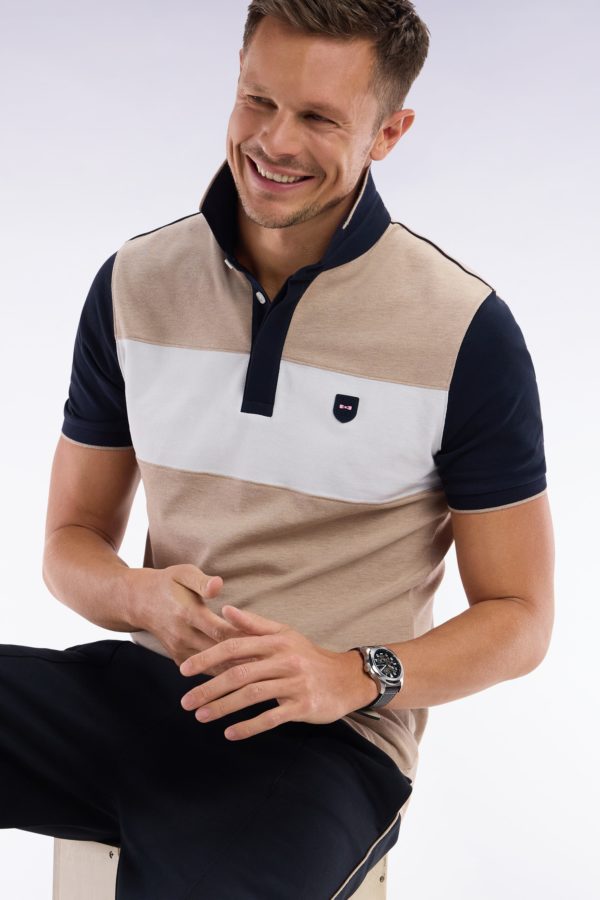 Polo À Manches Courtes En Coton Stretch Beige Bande Contrastée Coupe Ajustée Eden Park – Image 2