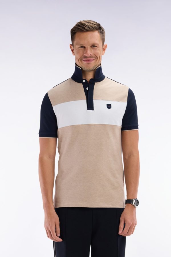 Polo À Manches Courtes En Coton Stretch Beige Bande Contrastée Coupe Ajustée Eden Park