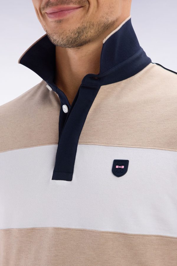 Polo À Manches Courtes En Coton Stretch Beige Bande Contrastée Coupe Ajustée Eden Park – Image 4