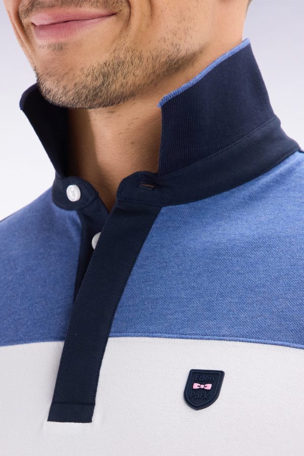 Polo À Manches Courtes En Coton Stretch Bleu Bande Contrastée Coupe Ajustée Eden Park – Image 4