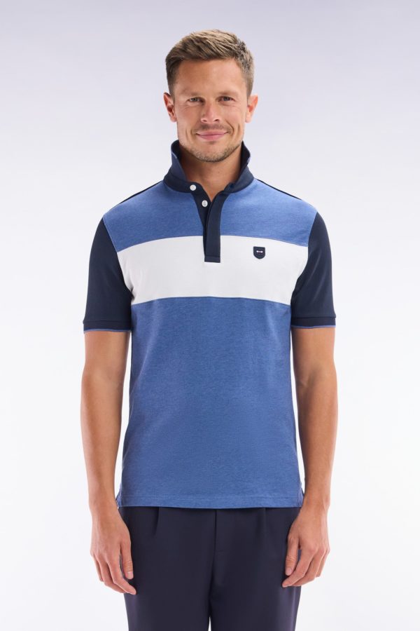 Polo À Manches Courtes En Coton Stretch Bleu Bande Contrastée Coupe Ajustée Eden Park