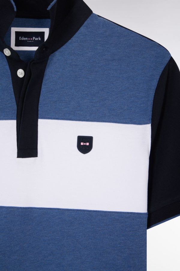 Polo À Manches Courtes En Coton Stretch Bleu Bande Contrastée Coupe Ajustée Eden Park – Image 5