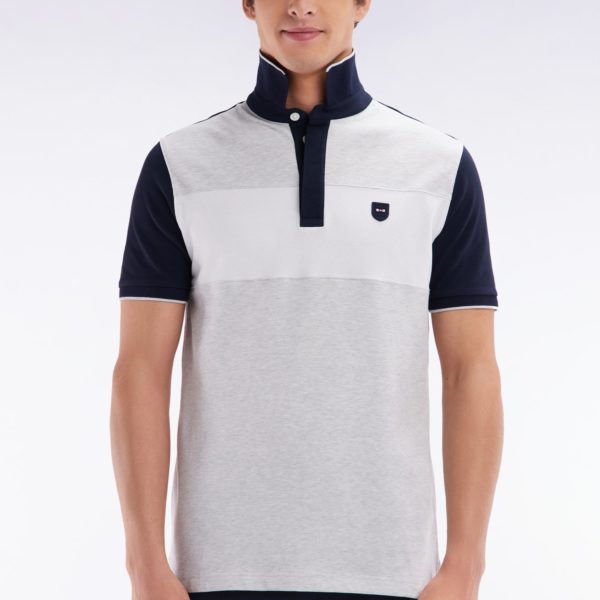 Polo À Manches Courtes En Coton Stretch Gris Bande Contrastée Coupe Ajustée Eden Park
